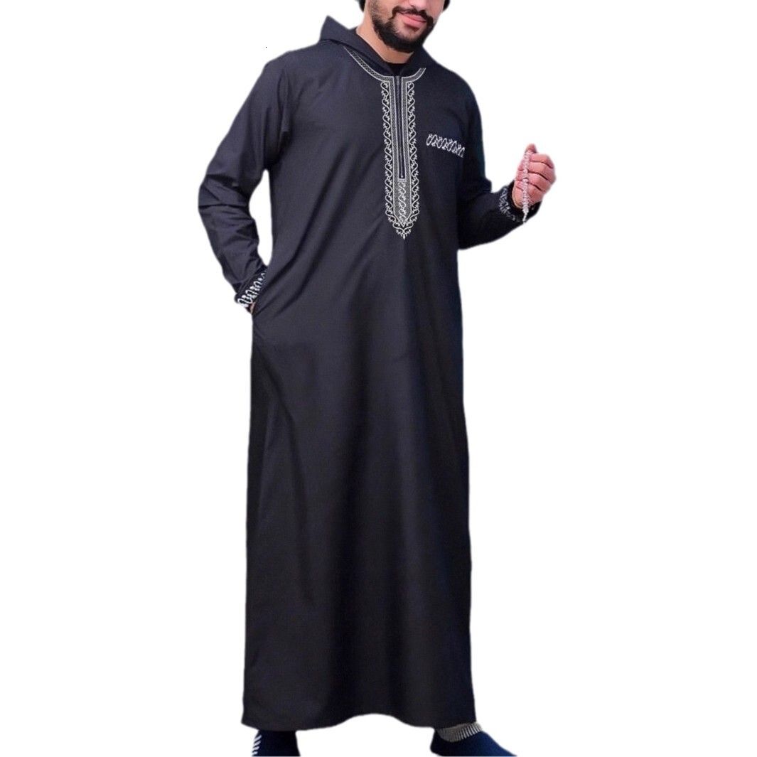 2025 New Designer Clothing New Loose Hooded Men's Embroidered Long Sleeved Muslim Clothing Long Robe Fashion