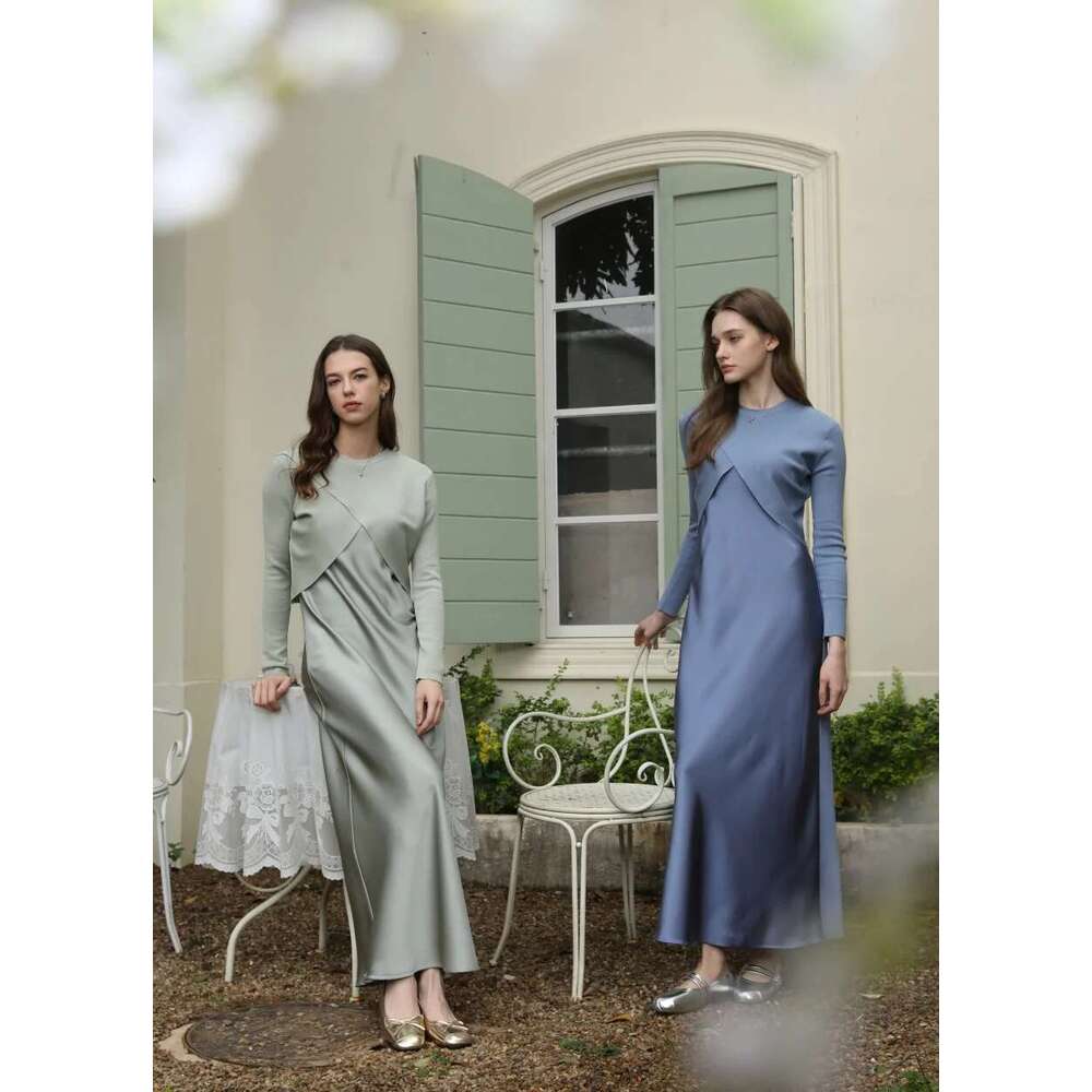 AS 2025 Spring Summer Elegance Satin Dress + Knitted Top Match Set Maxi Floor Length Woman Clothes Designer