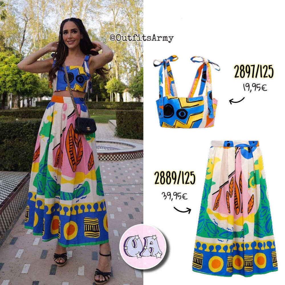 Women's Wear 9277 Spring New Women's Fashion Hanging Strap Tank Top+High Waist Printed Half Skirt Set