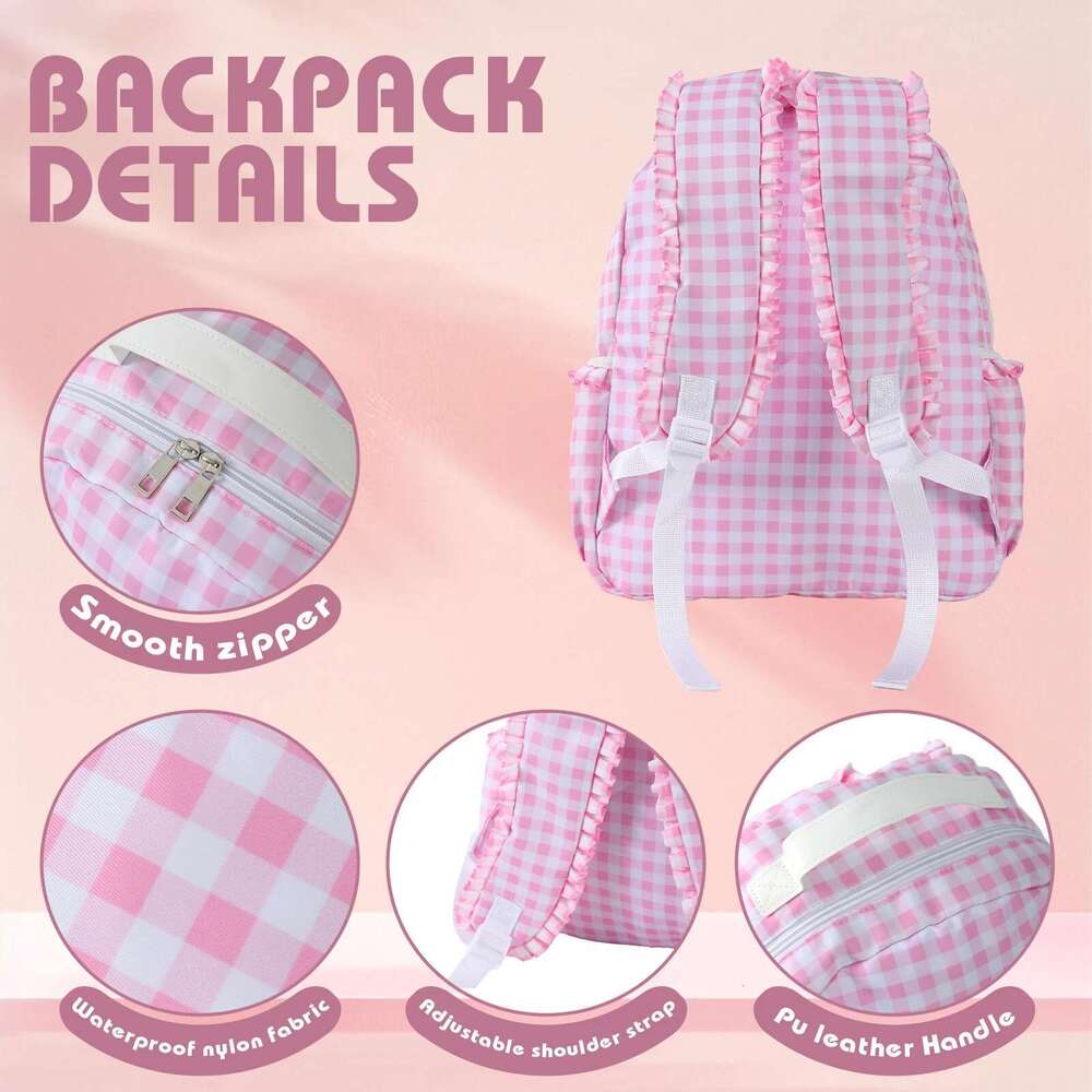 Ruffle Plaid Backpack Girl Pink/Blue Nylon Women Outdoor Travel Weekend Book Schoolbags Back To School Gifts For Kids