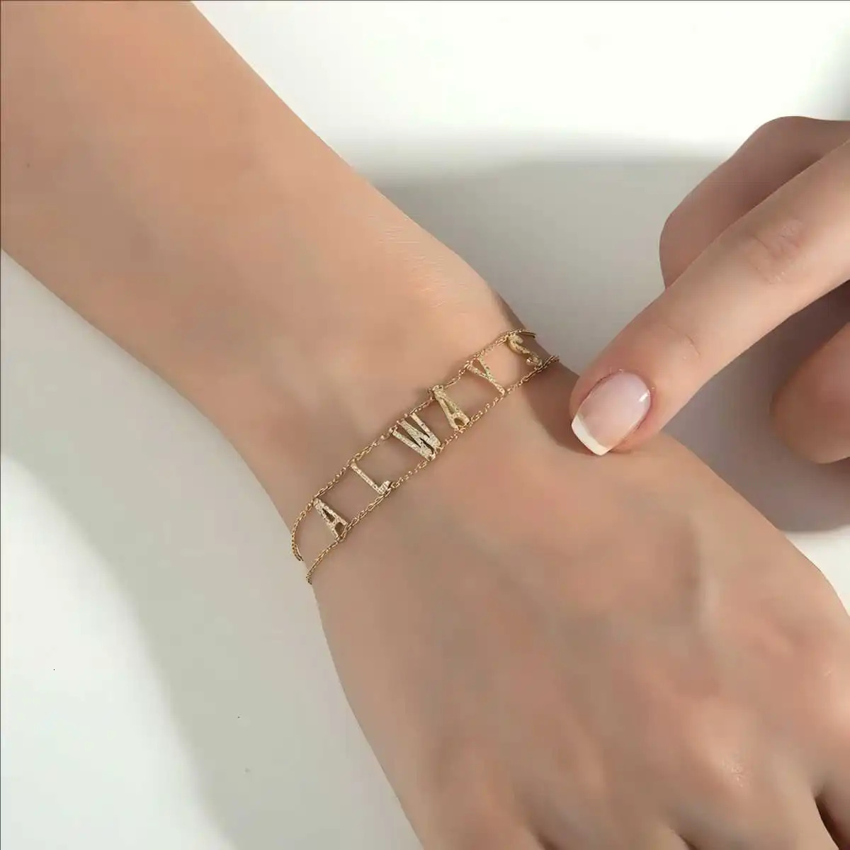 18K Gold Double Chain Pave Initial Bracelet Personalized Name Bracelet Special Gift For Her 250520