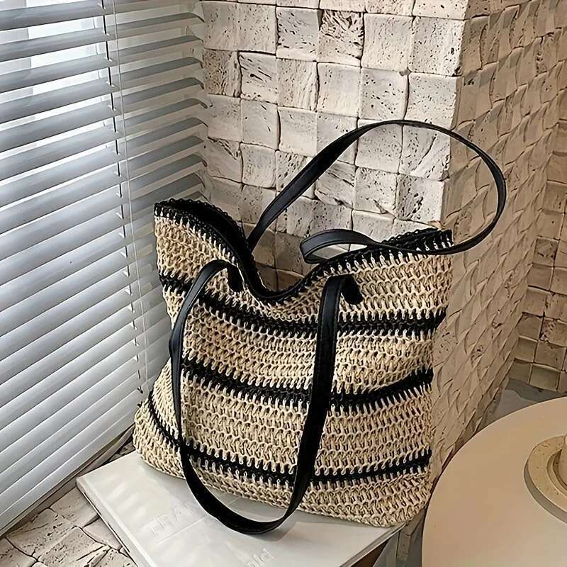 Large Boho Chic Striped Woven Tote Bag, Spacious Shoulder & Shopping For Women With Black And White Design, Beach Bag