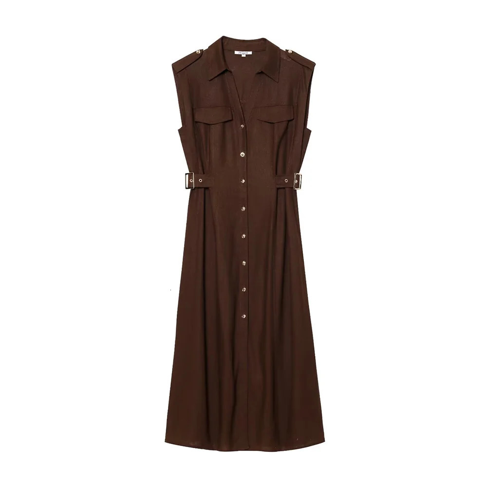 Khaki Brown Two Color Turn Down Collar V Neck Sleeveless Single Breasted Women Comfortable Long Dress ZATAF Spring 250520