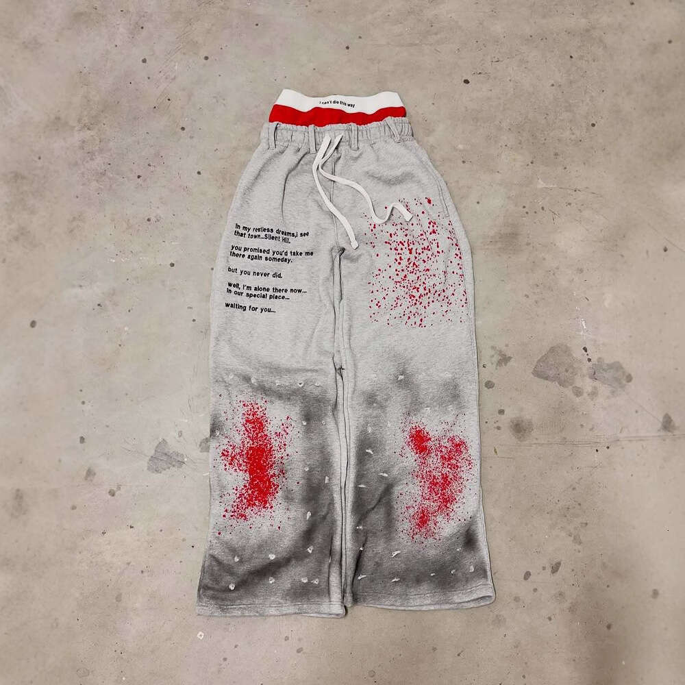 American Gothic style old inkjet painted letter printing double-layer sports casual pants for men, loose fitting hip-hop rap street