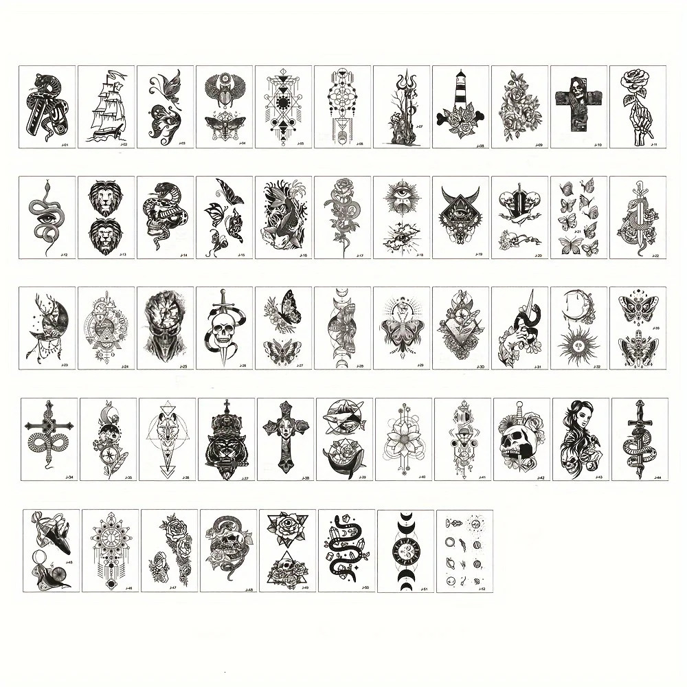 52-Piece Black White Waterproof Temporary Tattoo Stickers Set Durable Body Art Fake Tattoos for Daily Wear Artistic Events 250515