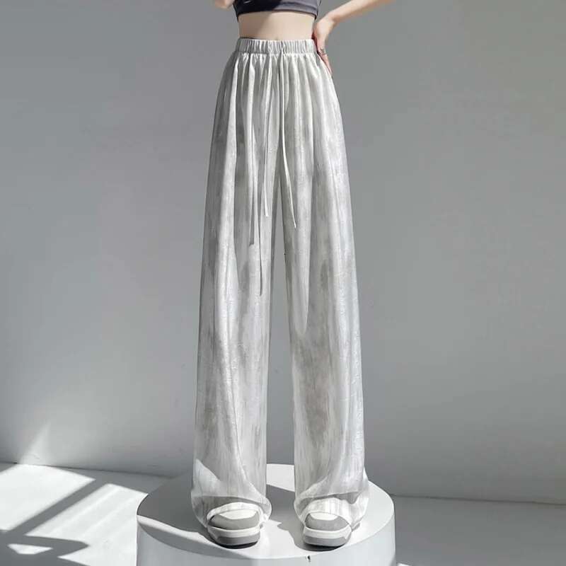Seoulish Retro Ice Silk Tie Dye Wide for Women New Summer Spring Fashion Loose Straight Casual Leg Women's Pants