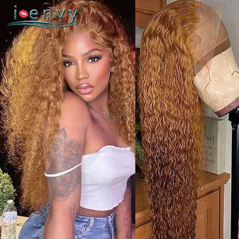 Water Wave Ginger Colored Pre Plucked Brown Lace Front Human Hair Wigs For Women Peruvian Blonde Curly Wig