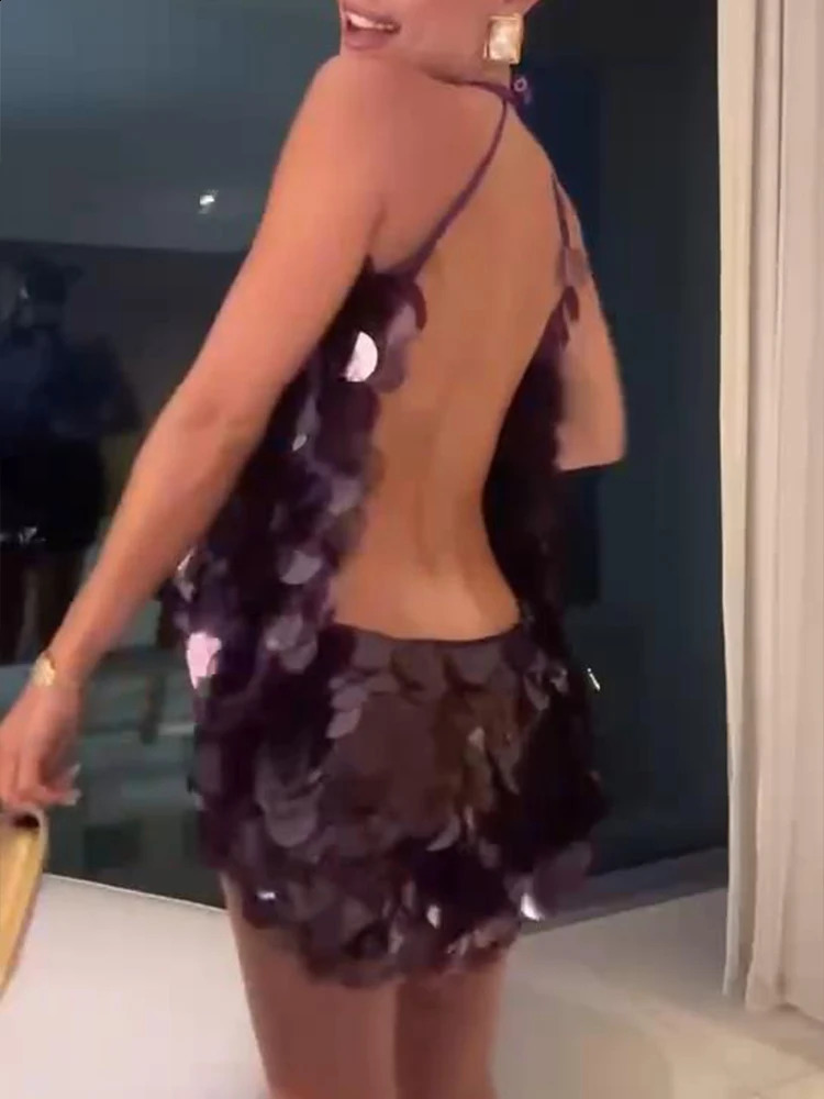 Sexy Sequined Halter Women Mini Dress Large Backless Loose Neck Hanging Sleeveless Strap Vest Short Dresses Socialite Gown 250519
