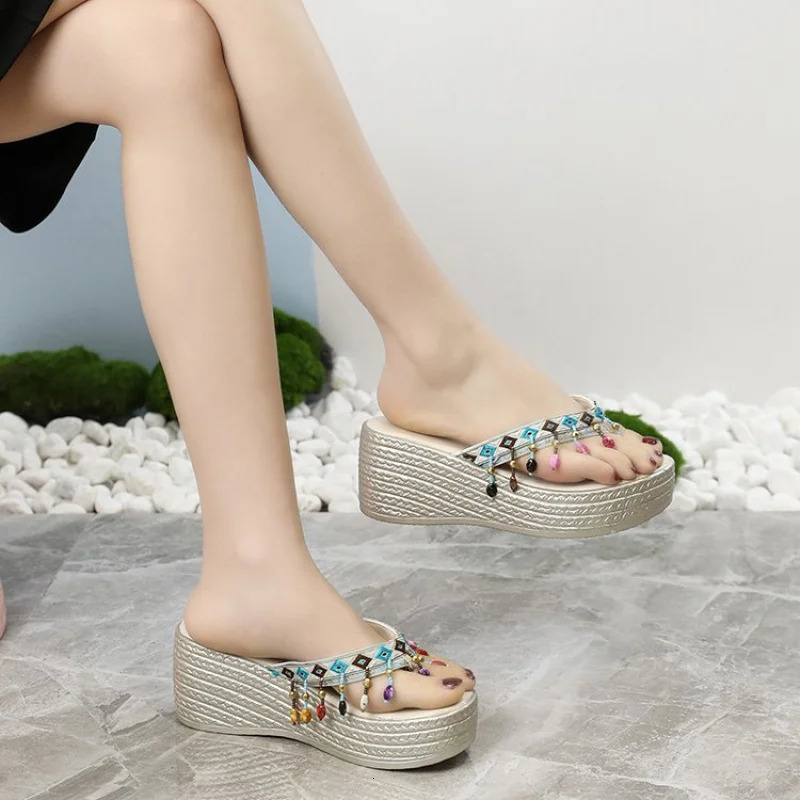 Womens Ethnic Style Platform Wedge Heels Slides - Boho Beaded Tassels Gladiator Sandals Casual Summer Beach Flip Flops Casual 250519