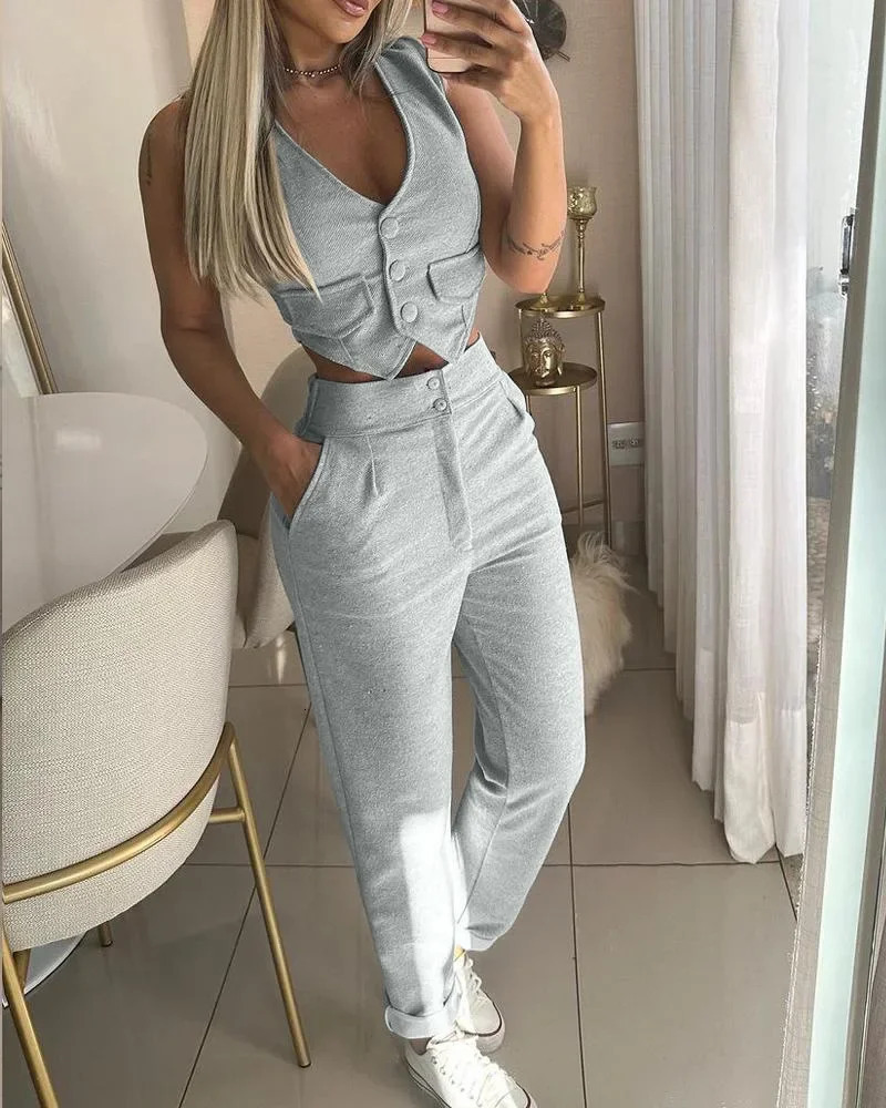 Two Piece Sets Women V Neck Sleeveless Single Breasted Vest Tops Casual Straight Long Pants Set Regular Splice Autumn 250516