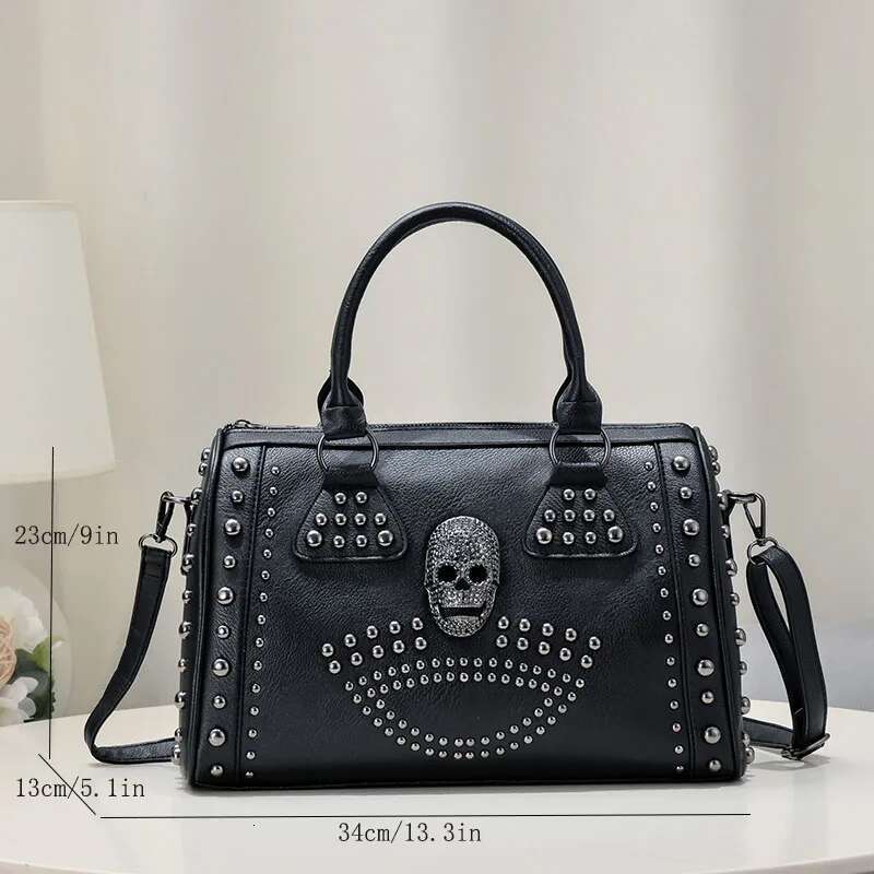 Dark Punk Style Handbag Personality Rivet Trend Boston Large Capacity Shoulder Messenger Black Bag