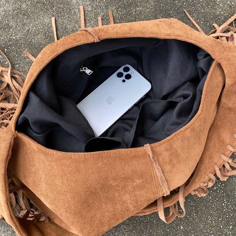 Faux Suede Hobos Bags For Women Designer Handbags And Purses 2024 New In Vintage Tassel Large Capacity Underarm Shoulder