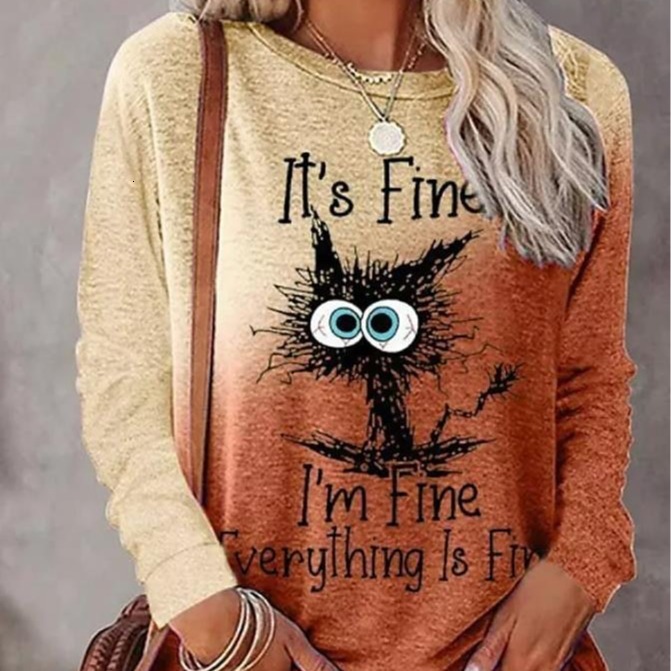 2025 New Women's Plus Size Pet Cat Printed Designer Clothing Round Neck Long Sleeve T-shirt Fashion Trendy Clothing