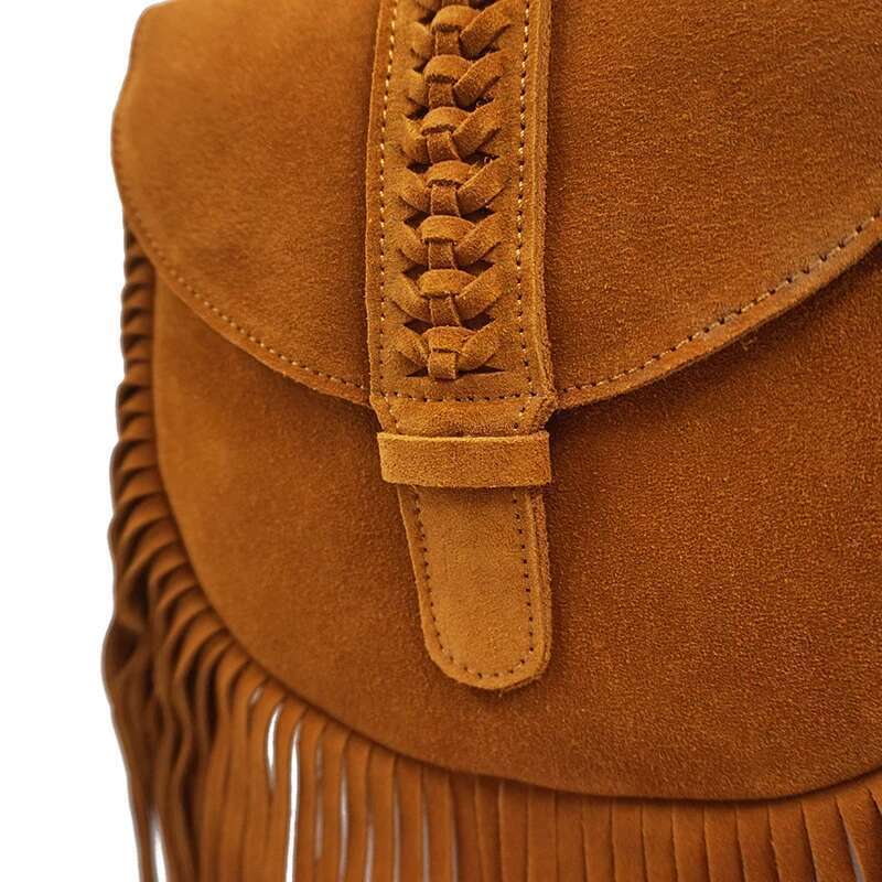 Women Genuine Leather Suede Medium Size Stylish Braid Shoulder Boho Hippie Gypsy Ibiza Bohemian Fringed Phone Side Sling Bag