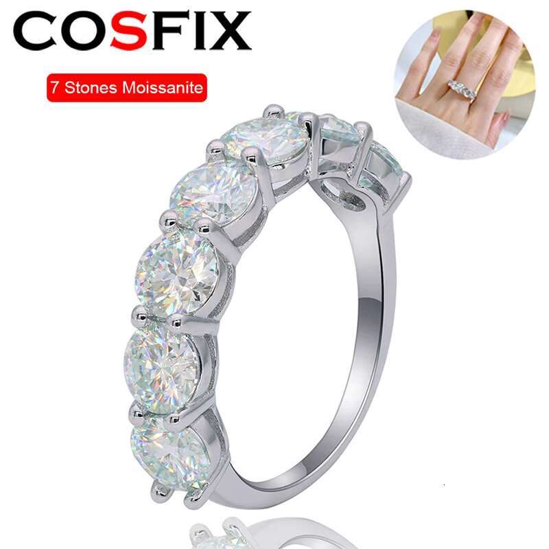 COSFIX 5mm 6.5mm 7 Stones D Color Full Moissanite Row Rings S925 Sterling Silver Plated Pt950 Light Luxury Simple Jewelry