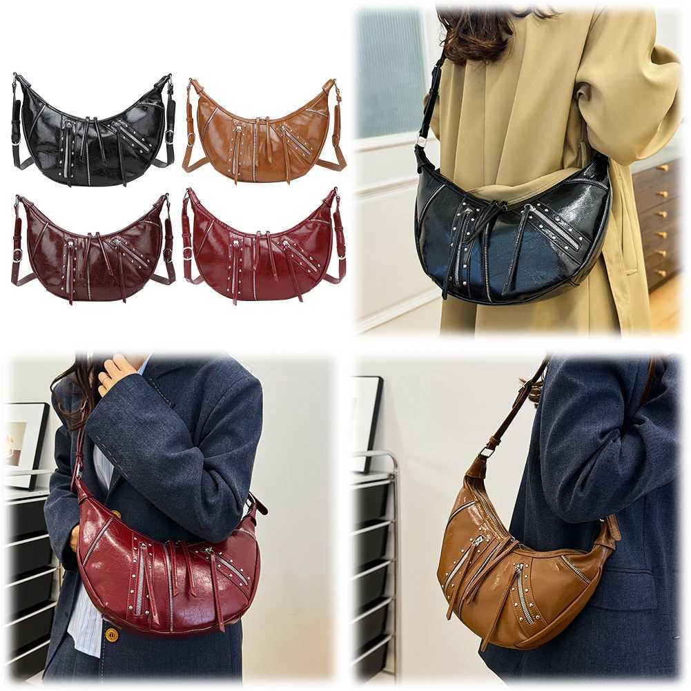 Women PU Leather Crossbody Bag Y2K Punk Crescent Bag with Inner Pocket Hobo Bag with Zipper for Work Travel M250520