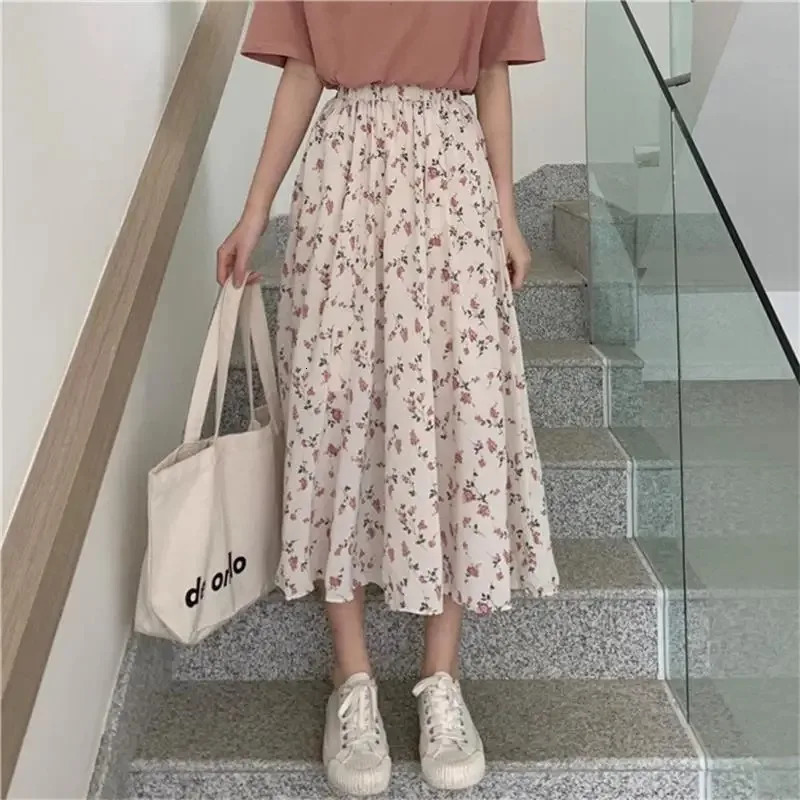 Vintage Floral Print Aline Pleated Long Skirts Summer Women Korean Skirt Streetwear Drawstring Elastic Waist Midi 250520