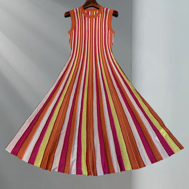 Summer New Women's Round Neck Striped Sleeveless Dress Elegant Knit Design Calf-Length Pleated Vest Dresses Fashion Classic Luxury Bright Silk Cl