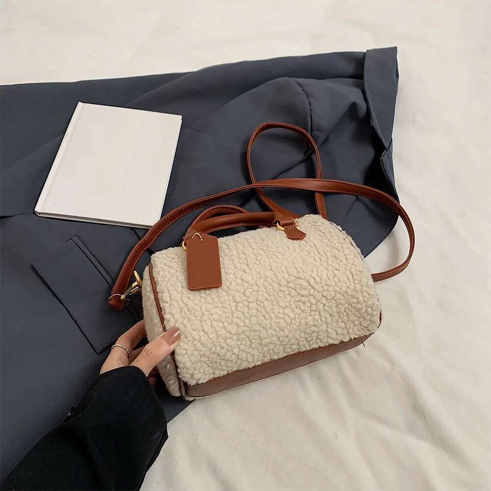 Women PU Leather Shoulder Fluffy Furry Boston Barrel Bag Pocket Satchel Purse With Zipper Handbag For Work Travel