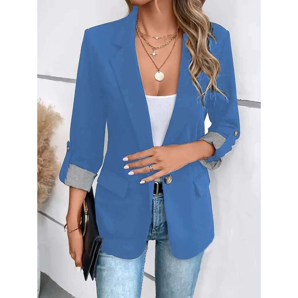 New Fashionable Casual Button Up Slim Fit Seven Quarter Rolled Sleeve Solid Color Work Office Suit Jacket