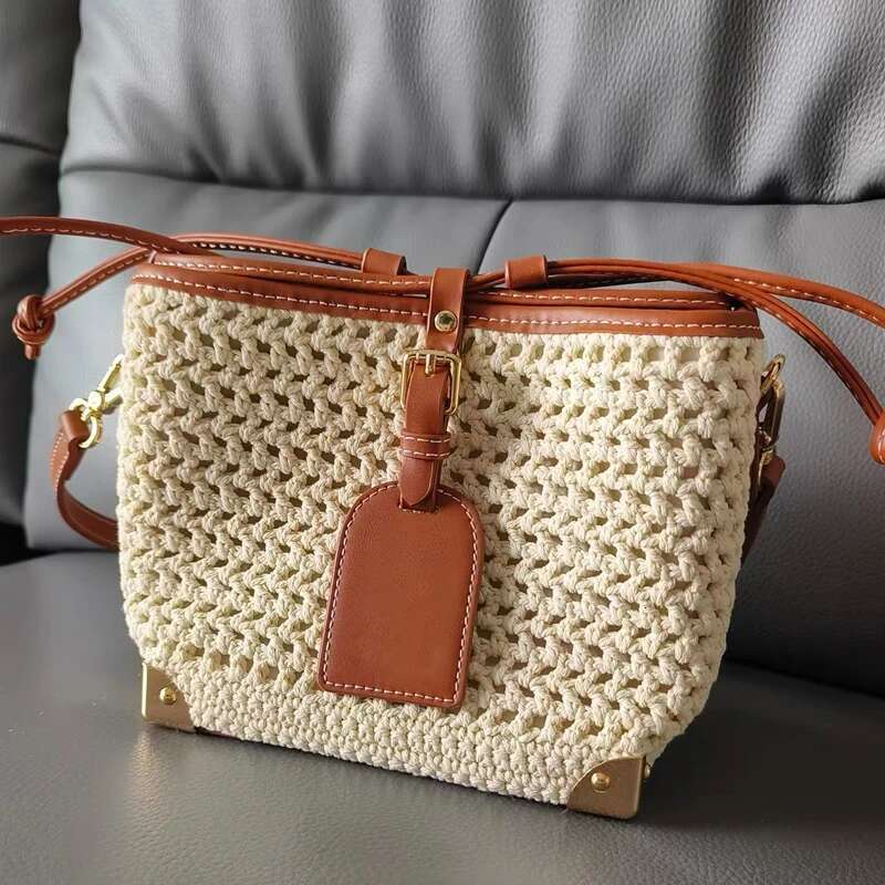 England Style Mini Bucket Bags For Women Designer Handbag Purses 2024 New In Polyester Rope Braided Hollow Cloth Shoulder