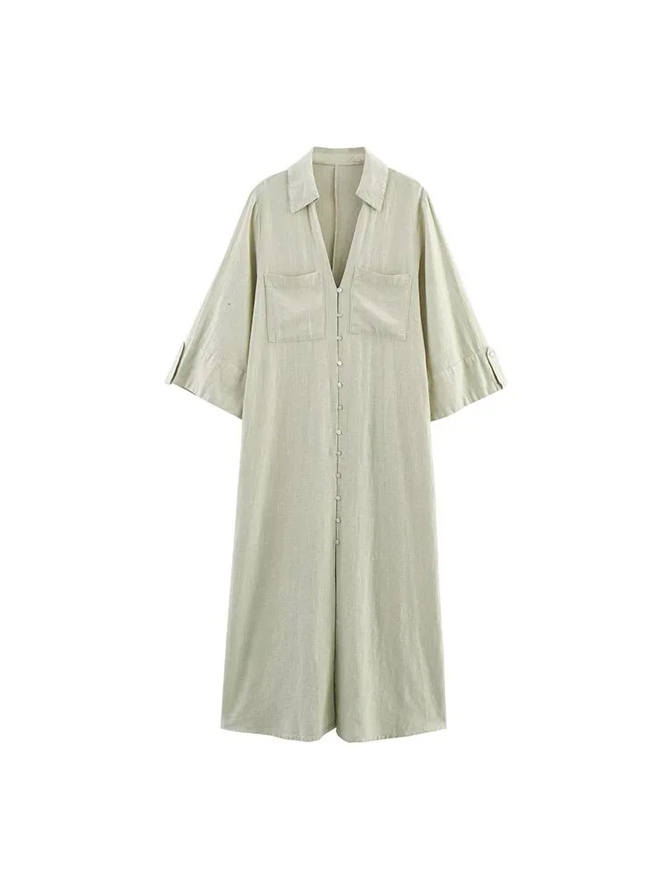 Women Summer Shirts Dress Vintage Solid Linen VNeck 34 Sleeve Loose Female Elegant Street MIDI Dresses Clothing 250520