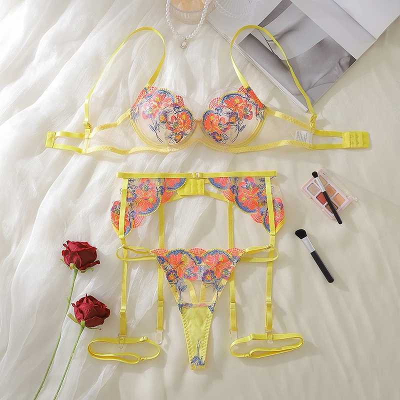 Piece Set Embroidery Flower Lingerie Sets Summer Sexy Contrast See Throught Lace Underwear Outfits For Party Night Club R250520