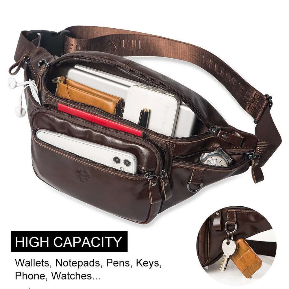 HUMERPAUL Genuine Leather Waist Casual Fanny Pack For Men Multifunction Outdoor Chest Bag Phone Pouch Travel Crossbody Bages
