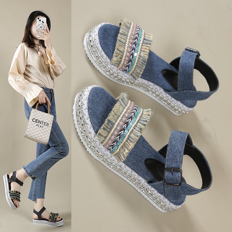 Free shipping. Designer Ladies' 2025 summer new Bohemian-style sandals with thick soles and anti-slip denim sandals