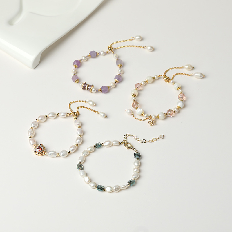 Natural Freshwater Pearl for Girls, Small Fresh Purple Blue Exquisite Crystal Bracelet