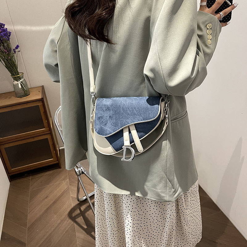 2025 Trendy Denim Print Color-Block Saddle Bag - Stylish Shoulder & Crossbody Purse for Women, Western Chic Patchwork Handbag