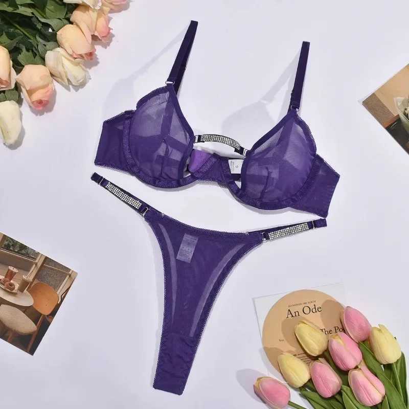 Sexy Womens Underwear Mesh See-through Rhinestone Breast Exposure Sexy Lingerie Piece Set Lingeries Sexy New R250520