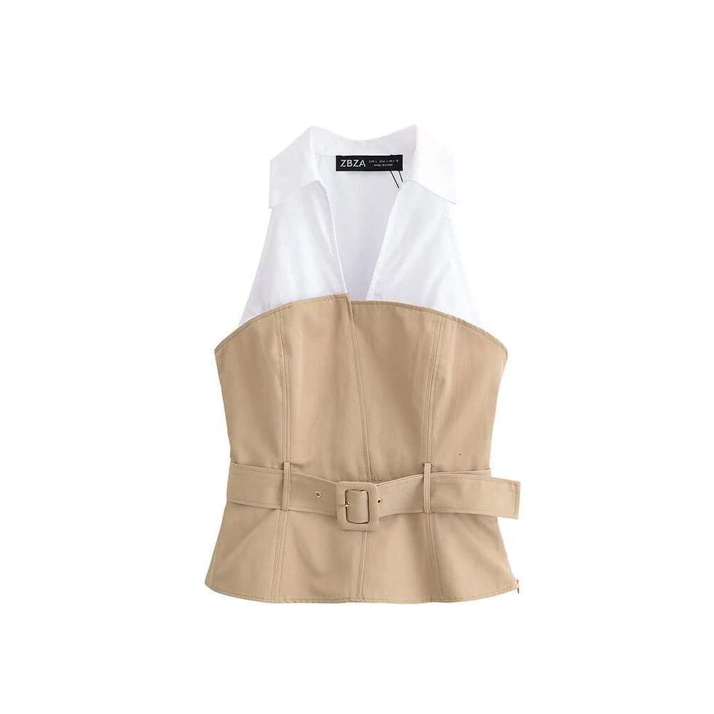 Women Summer Tank Tops Camis 2025 Casual V-Neck Sleeveless Belt Patchwork Female Elegant Street Top Clothing