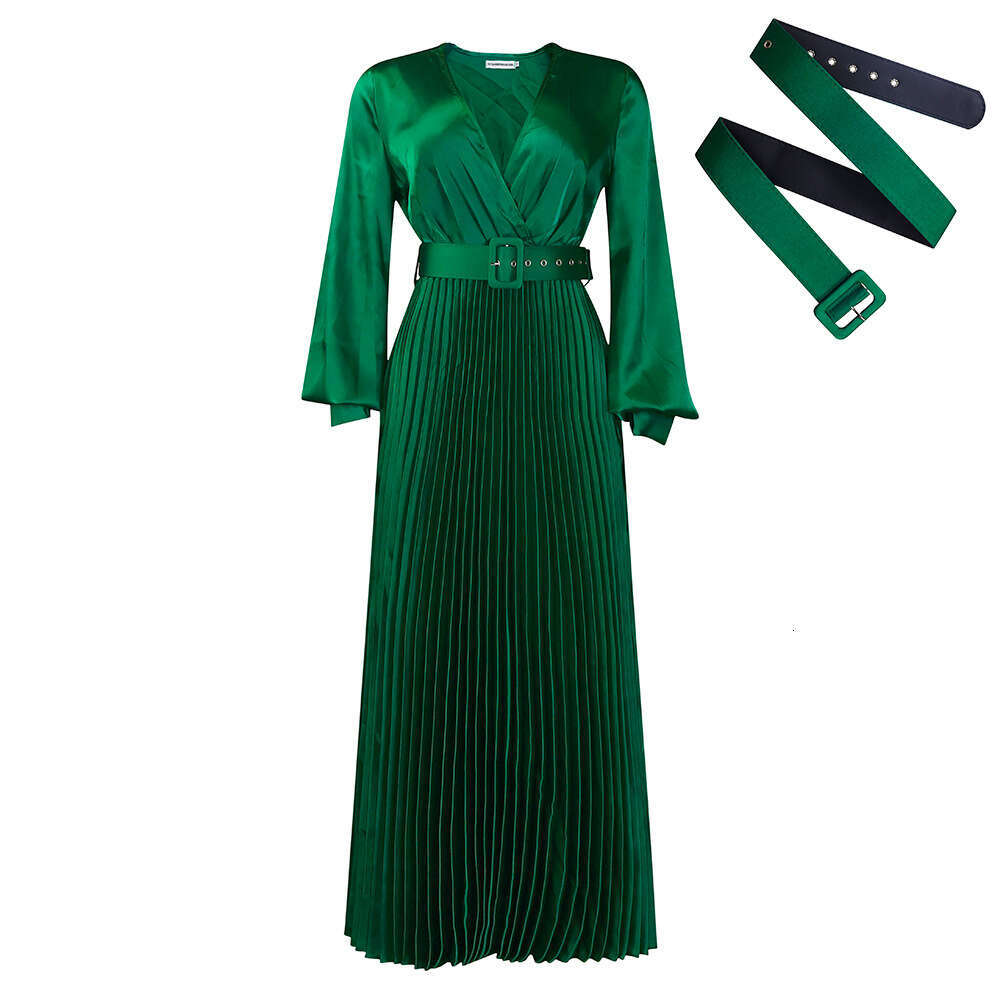 Women's Wear Large Size Women's Clothing New V-Neck Fashionable Temperament Solid Color Pleated Dress
