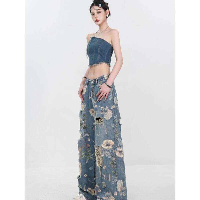 China-Chic Fashion Summer New American Printed Perforated Jeans Women's Loose Straight Leg Pants Trendy