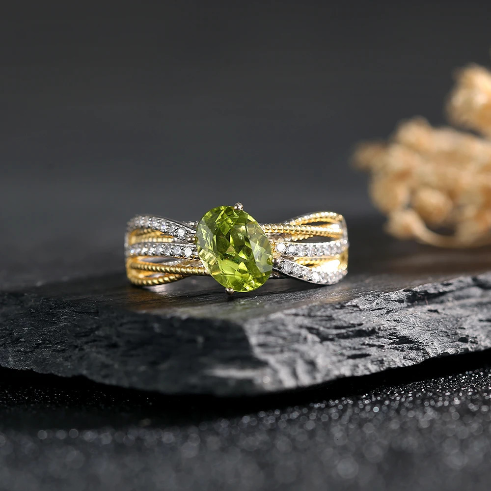 Genuine 925 Sterling Silver Gold Plated Ring for Women 8*6mm Natural Gems Peridot Stone Adjustable Rings for Daily Wear Jewelry 250517