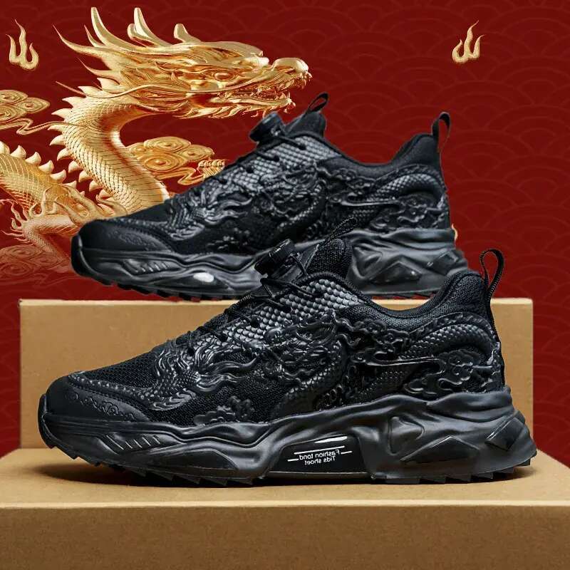 Running Shoes for Men Dragon New Year Style Black Gold Red Trendy Non-Slip Durable Sneakers Outdoor Activities