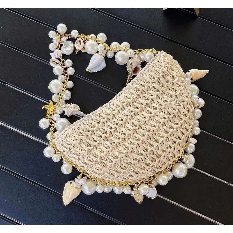 Fashion Pearl Woven Bohemian Rattan Beach Women's Single Shoulder Crossbody Bag Handbag