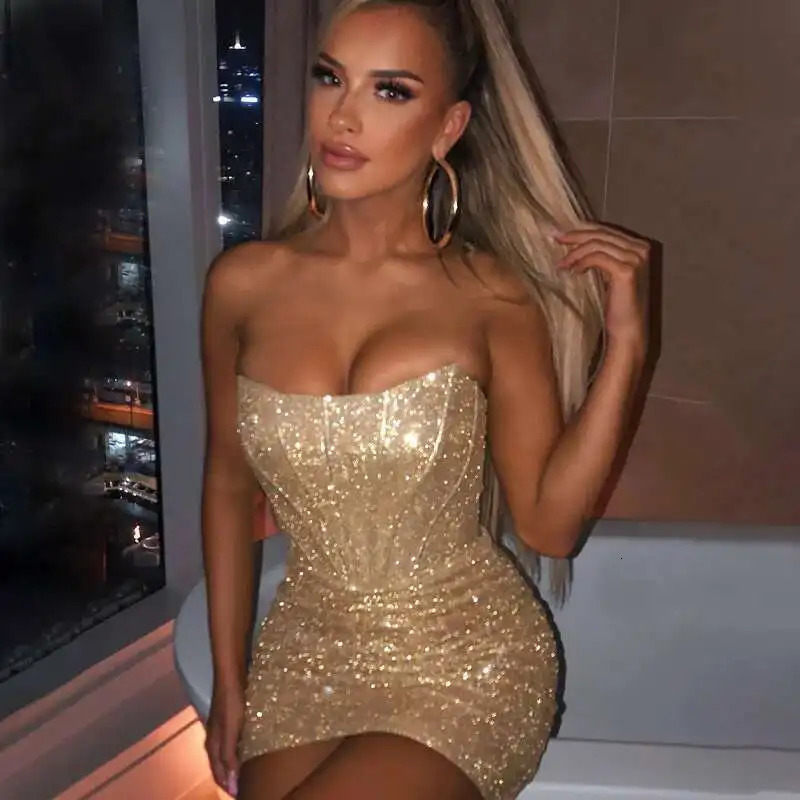 Giyu Night Club Party Woman Dress Sexy Bodycon Glitter Strapless Mini Short Prom Robe Summer Elegant Ruched Black Vestidos 250517