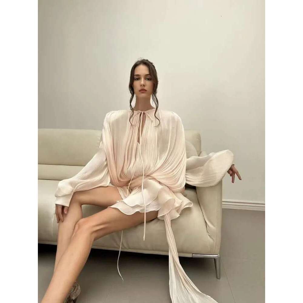 Elegant Solid Pleated Blouse Mini Dresses Women V Neck Lace Up Long Lantern Sleeve Dress 2025 Street Beach Vocation Short Robes Designer
