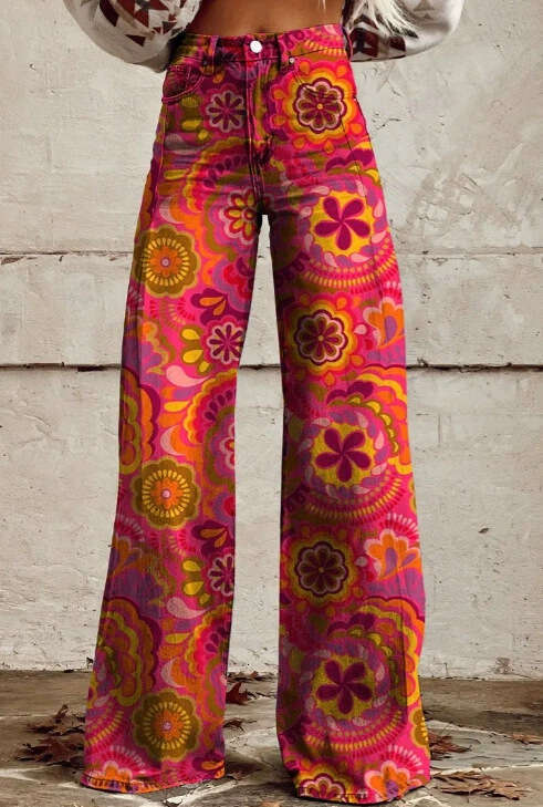 High-Waisted Printed Wide-Leg Stretch Jeans - Women's Casual Fashion Must-Have