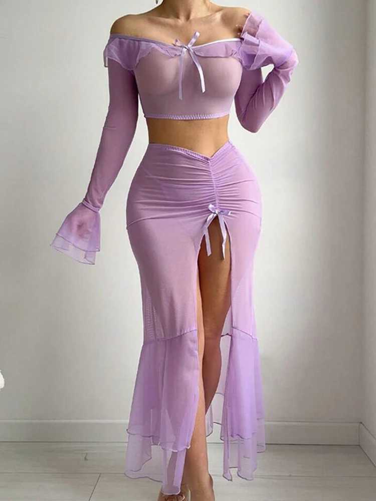 Sexy Suit Mesh Ruffled Slit Ruffled Lingerie Suit One-shoulder Slutty Hip-packing Skirt Sexy Slim Short Set New R250520