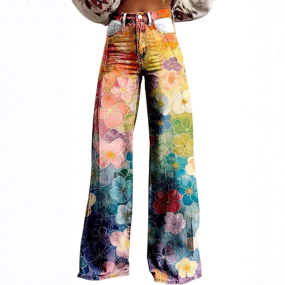 Trendy Printed Stretch High-Waisted Wide-Leg Jeans - Perfect for Women's Casual Outfits