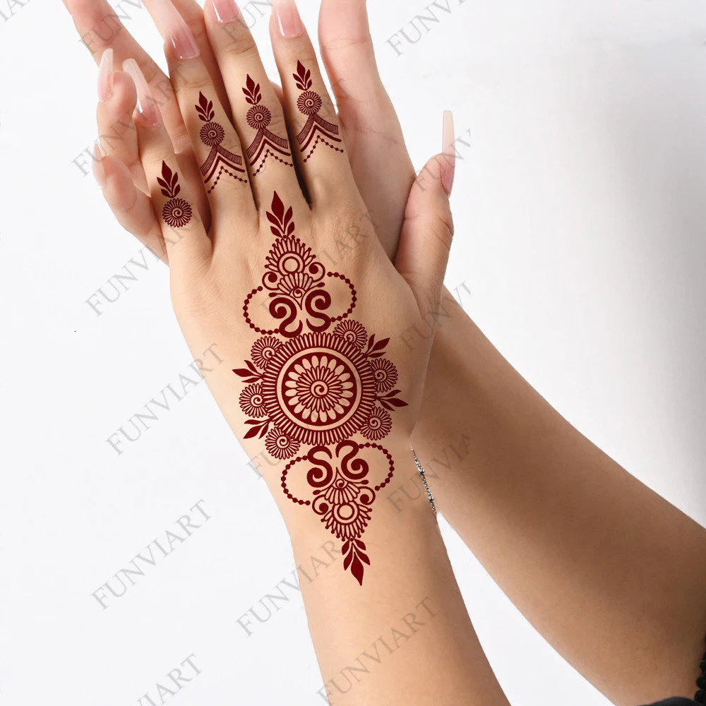 9 Sheets Temporary Henna Tattoos for Women Maroon Flower Leaf Henna Hand Tattoo Stickers Suitable for Wedding Festival Body Art 250515