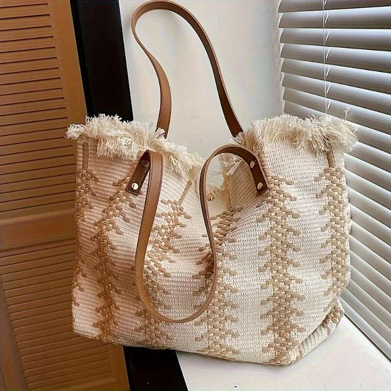 Chic Striped Canvas Tote Bag With Fringe Detail - Spacious Shoulder Handbag For Beach & Shopping, Hine Washable
