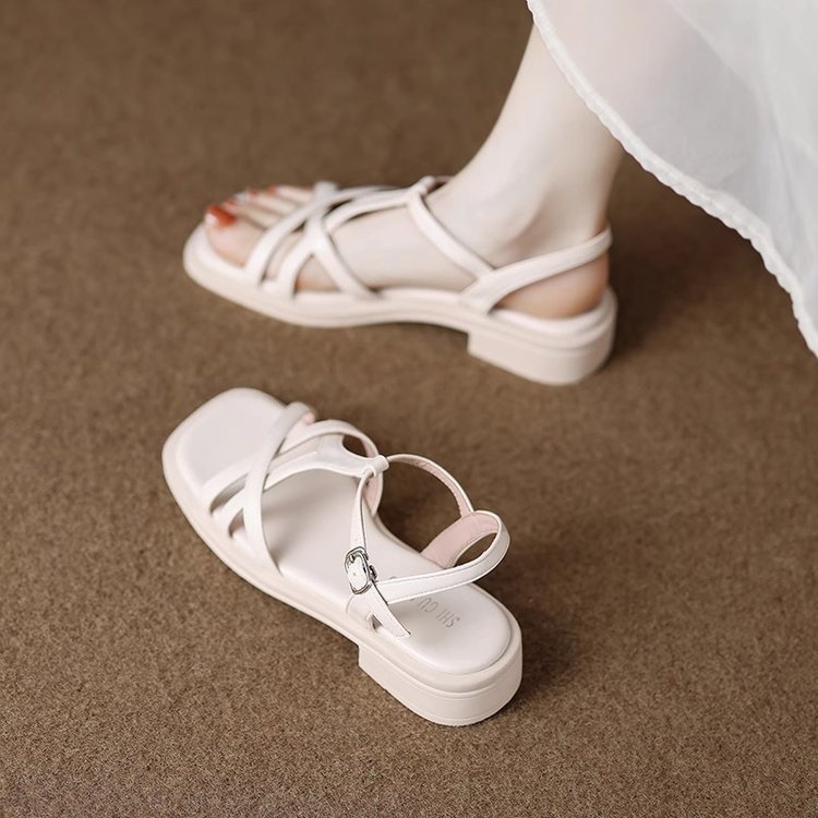 Free shipping Designer Women's Summer 2025 new retro thin-striped woven Roman shoes, toe exposed fashion thick-soled anti-slip beach sandals