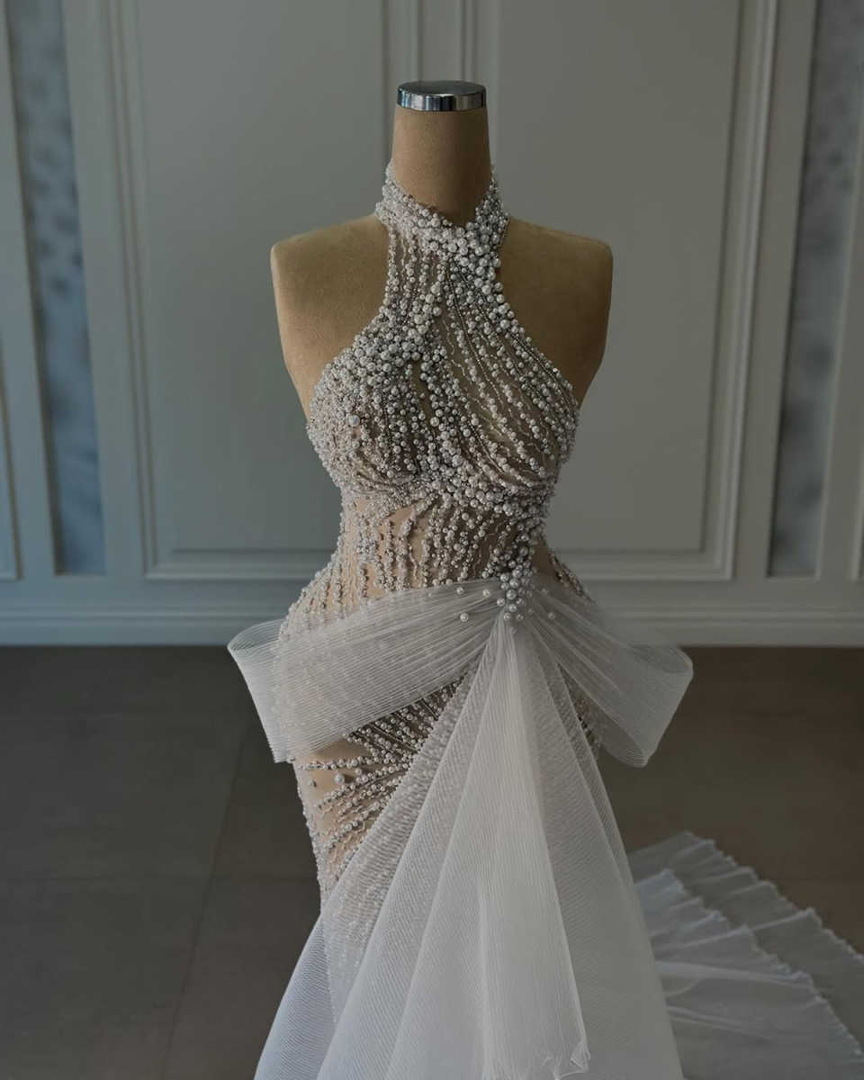 Sexy Mermaid Wedding Dress Halter Sleeveless See Through Bridal Gowns Pearls Sequins Sweep Train Dresses Custom Made vestidos de novia