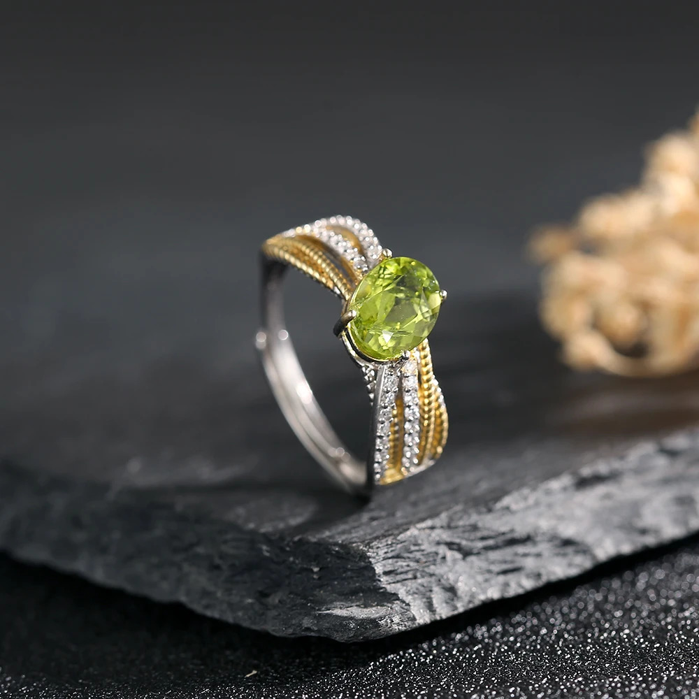 Genuine 925 Sterling Silver Gold Plated Ring for Women 8*6mm Natural Gems Peridot Stone Adjustable Rings for Daily Wear Jewelry 250517