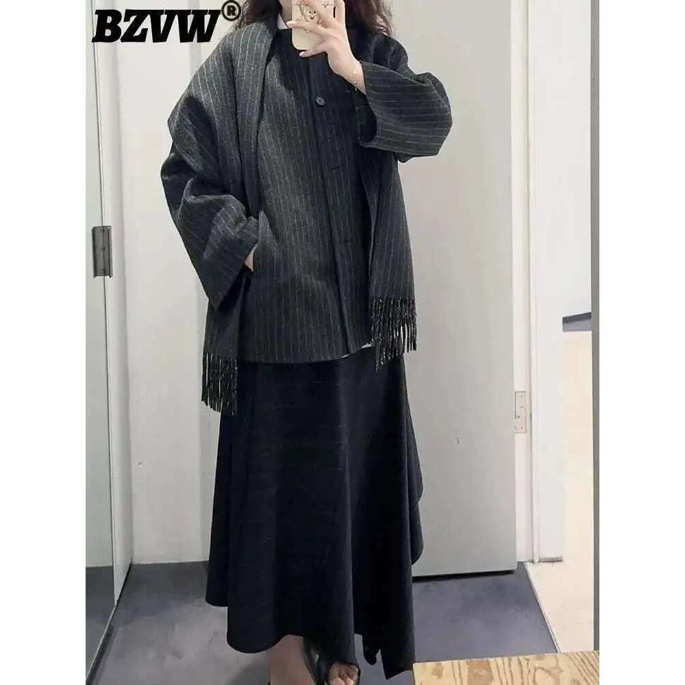 BZVW Tassel Scarf Collar Wool Blended Striped Coat With Pocket Women's Elegant Woolen Clothes 2025 Autumn Winter New 2Da9803