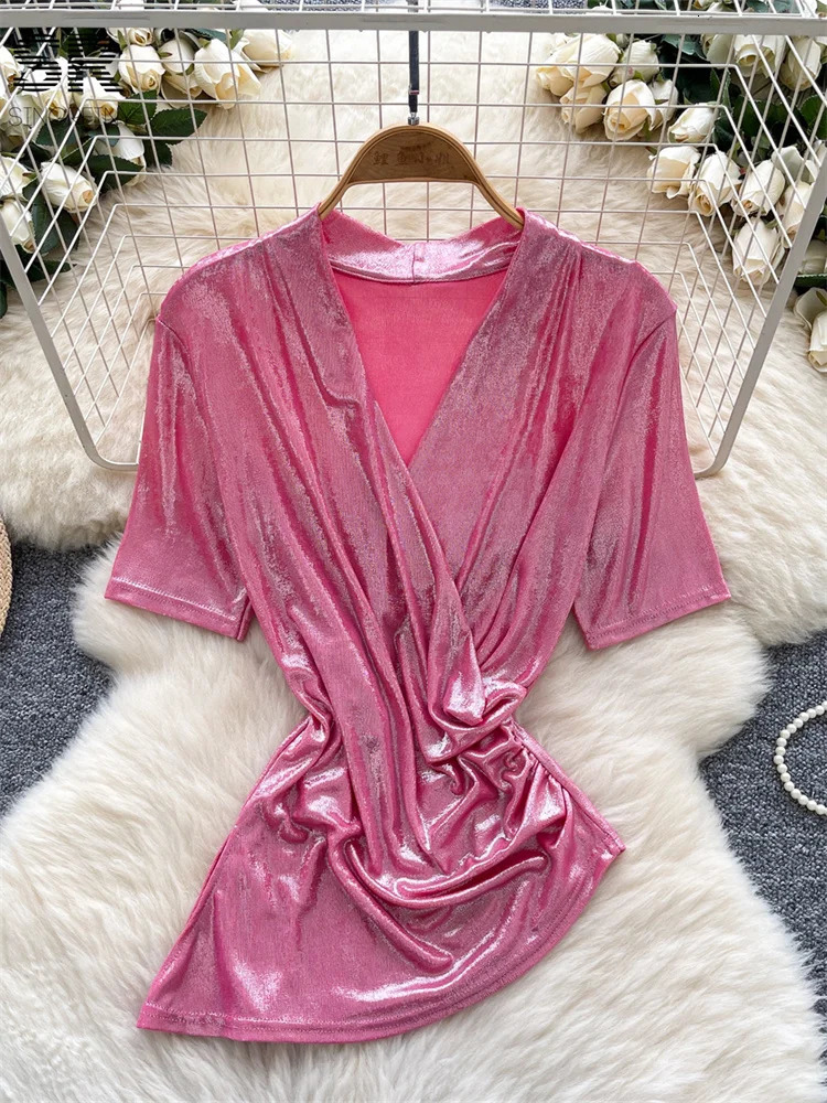 SINGREINY Women Sexy Streetwear Blouse Ladies Short Sleeves V Neck Split Shirts Summer Fashion Girl Slim Irregular Tops 250520